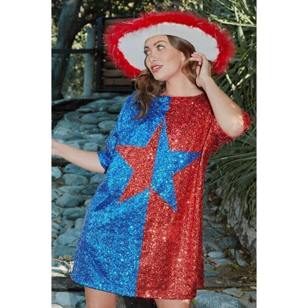 Fantastic Fawn Big Reputation Color Block Sequin Star Dress Red/Blue IFD54232-01 - Picture 5 of 8